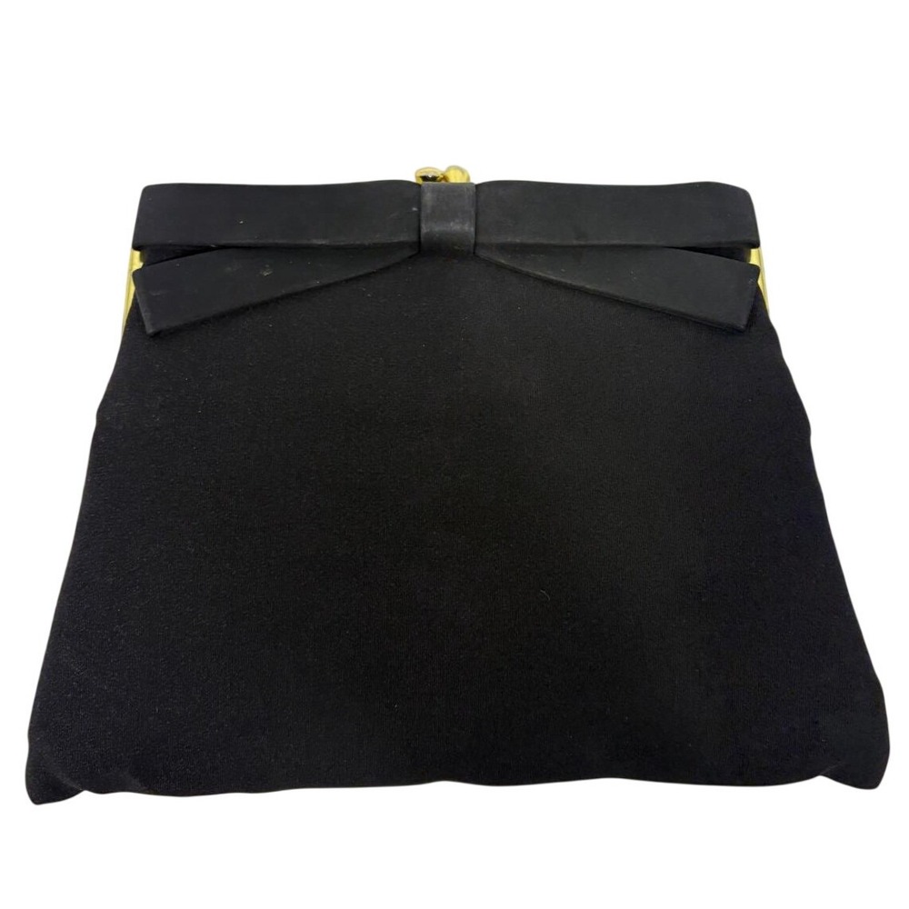 Vintage Black Fabric Bow Clutch Bag Gold Tone Frame Kiss Lock Evening Purse